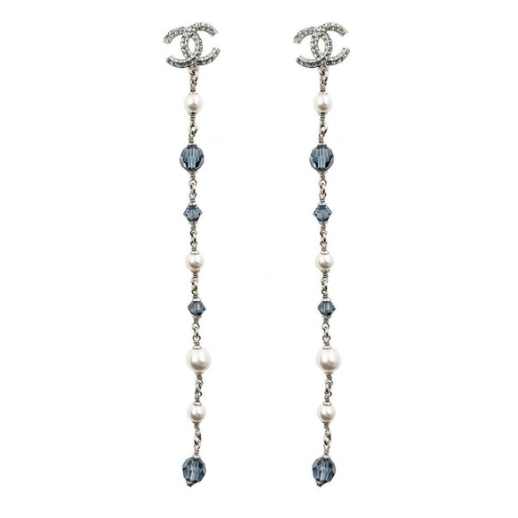 Chanel Brand New Silver CC Blue Princess Crystal Pearl Super Long Earrings